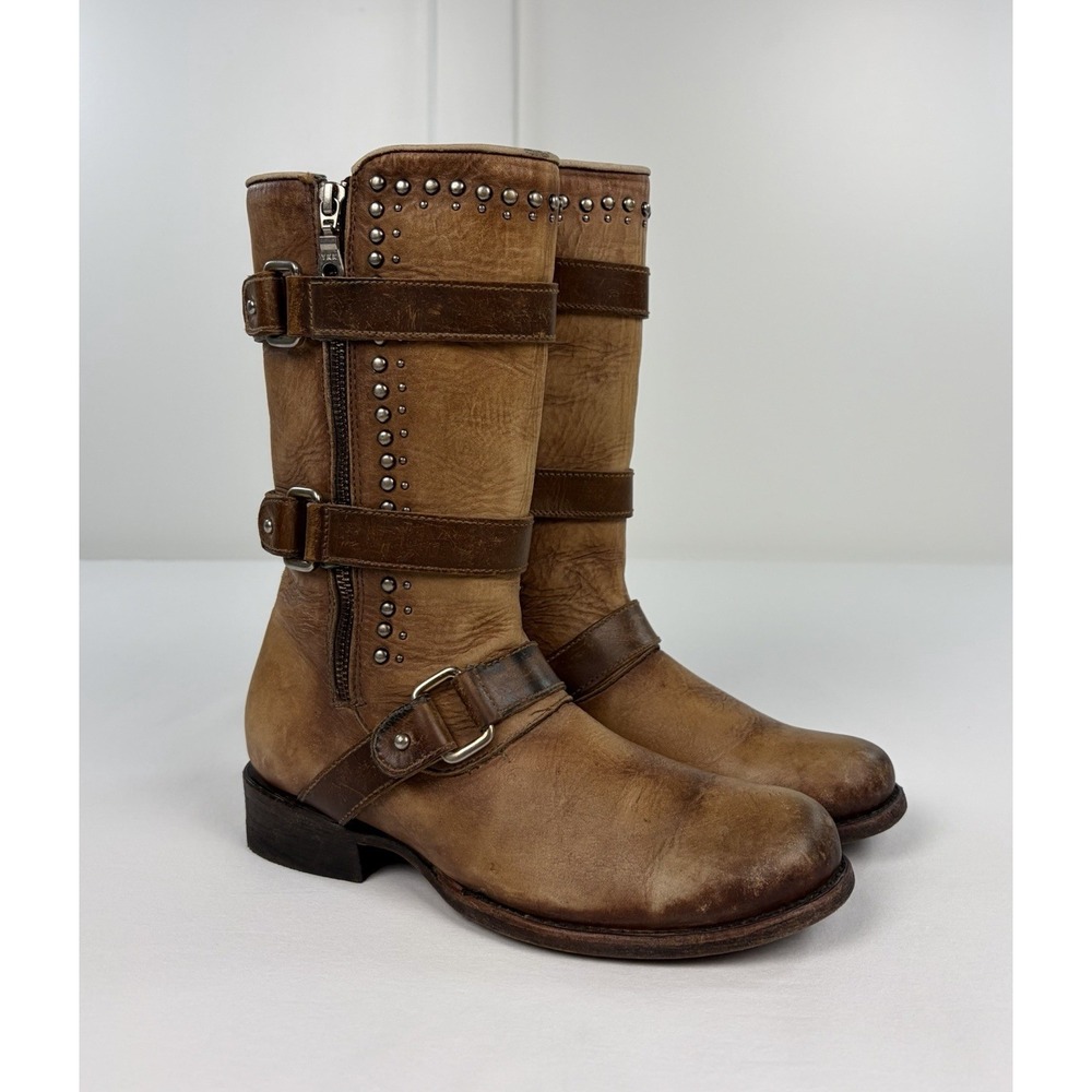 Corral Vintage C2966 Brown Leather Studded Harness Biker Boots Women's Size 7.5M